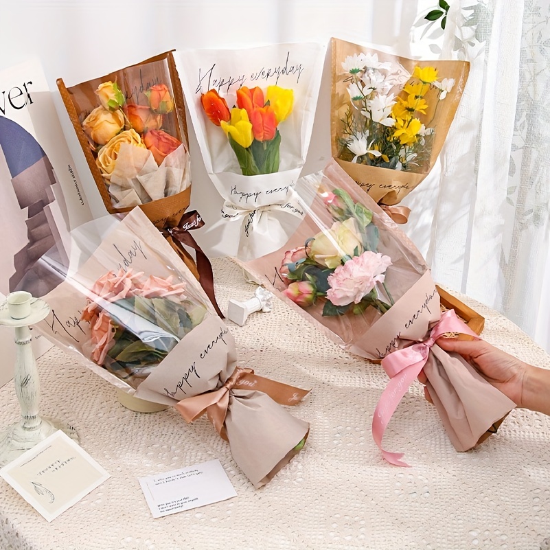 

5pcs Kraft Paper Flower Wrappers, Bouquet Sleeve Wrappers For Diy Wedding Birthday Valentine's Day Gifts