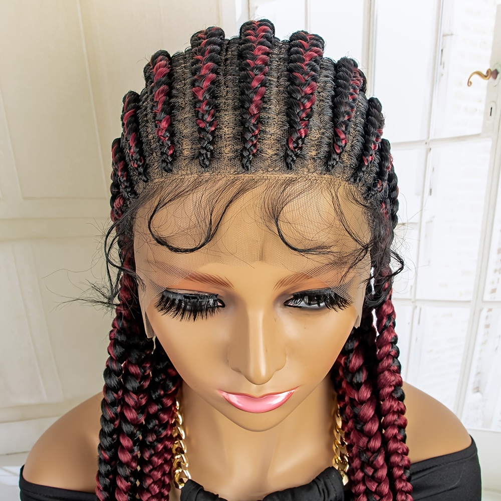 Hand Braided Lace Frontal Braids Wigs with Baby Hair for Black Women  Synthetic Burgundy Red Mixed Black Swiss Soft Lace Front Braid Out Curly  Wavy