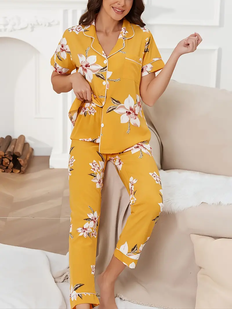 Floral Print Pajama Set Short Sleeve Buttons Top Elastic - Temu Canada