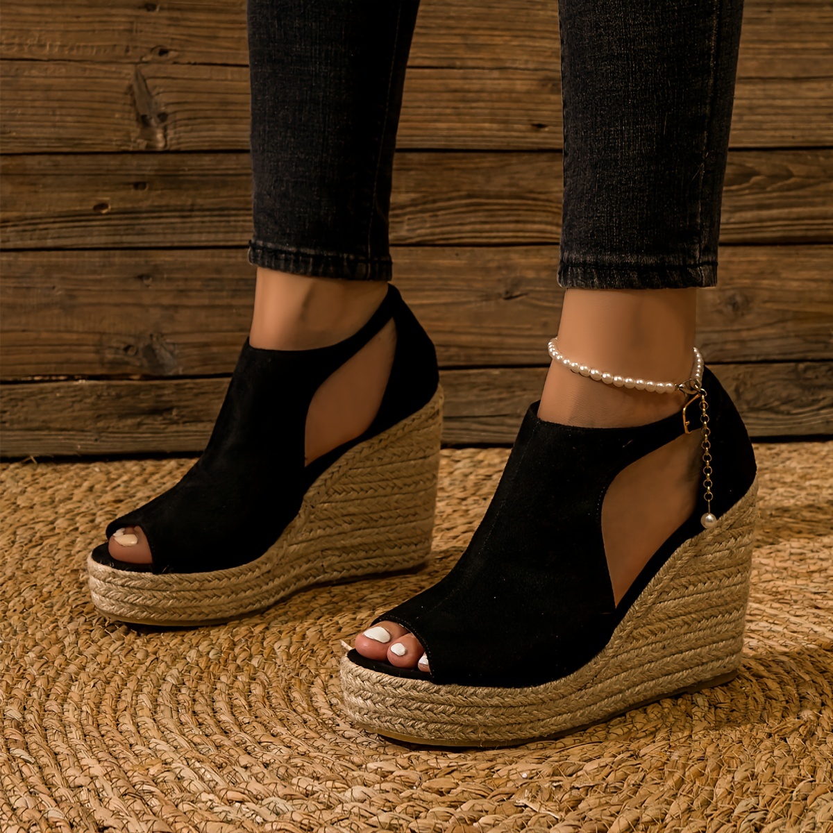 

Women's Espadrille Wedge Sandals, Peep Toe Cut-out Buckle Strap High Heels, Fashion Platform Sandals For Holiday