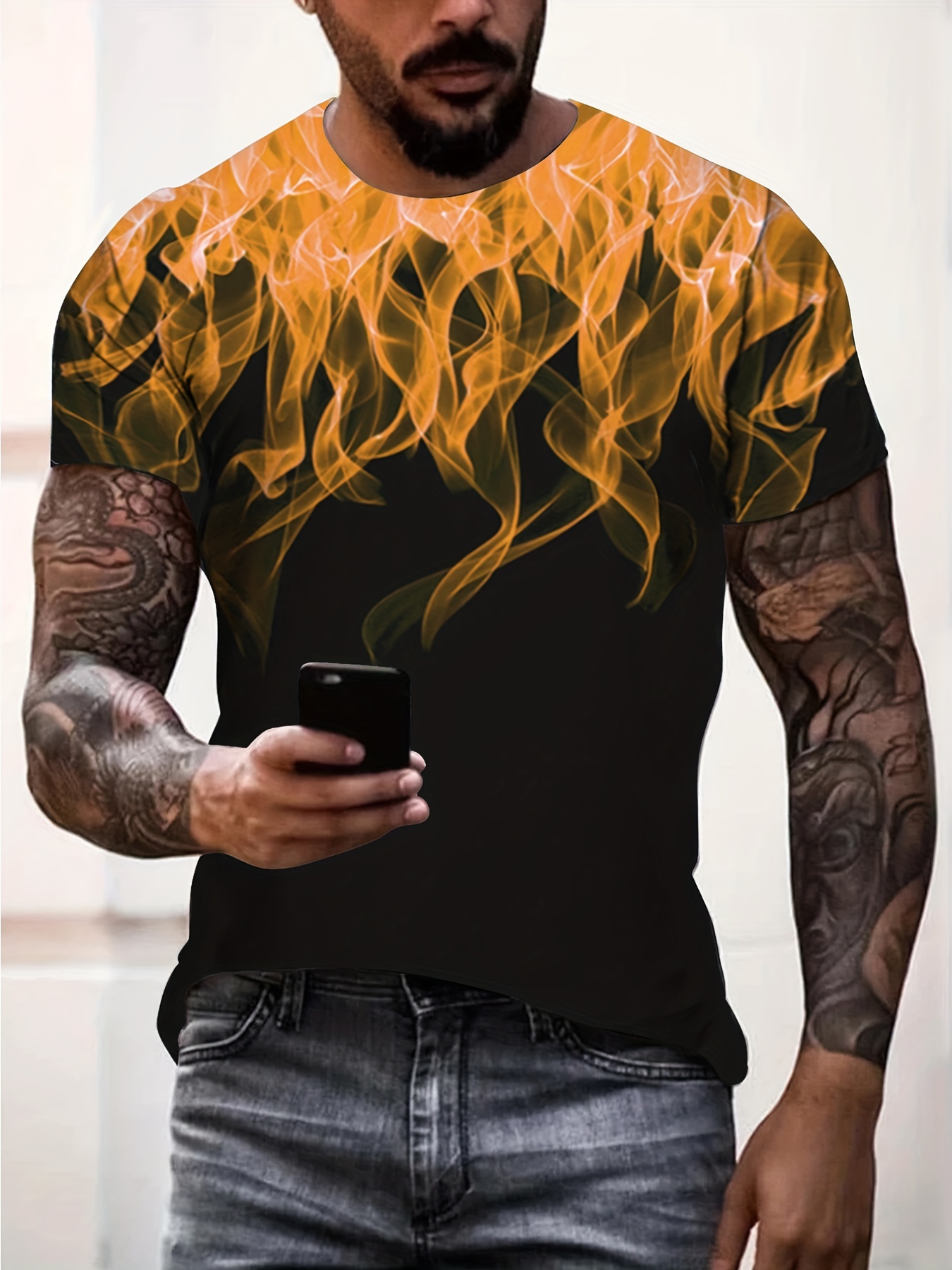 Men's 3d Flame Pattern Print Trendy T shirt Crew Neck Short - Temu Canada