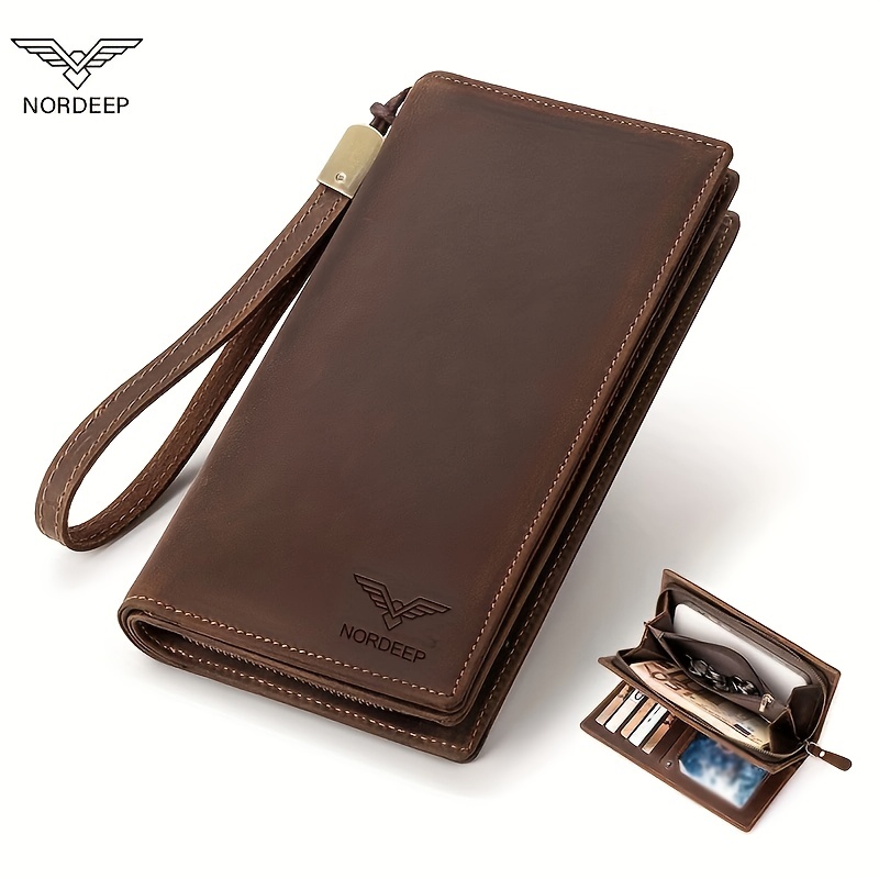 Bolso de mano para hombre, bolso de mano de cuero genuino, con cremallera,  cartera larga, para negocios, grande, soporte para teléfono