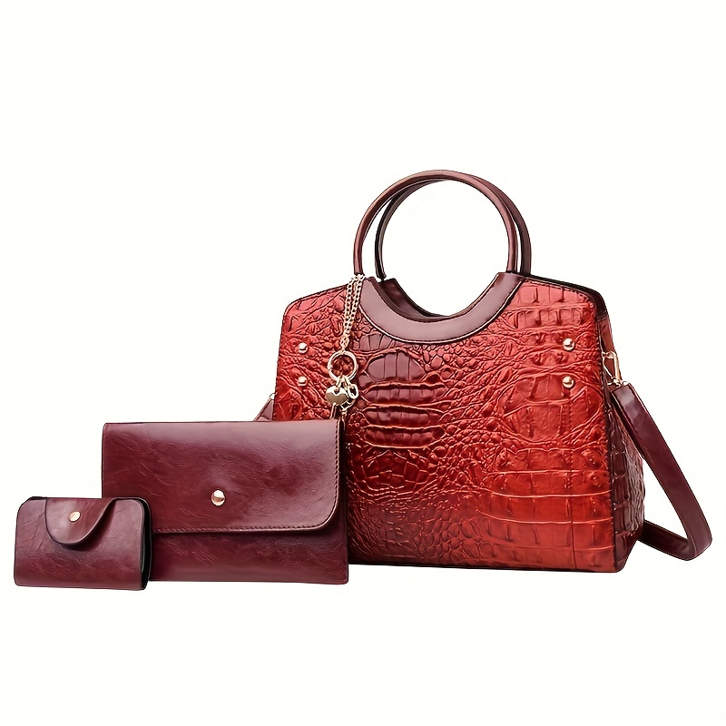 Crocodile Embossed Hand Bag Set, Zipper Shoulder Bag, Buckle Decor Clutch  Purse & Small Card Bag - Temu