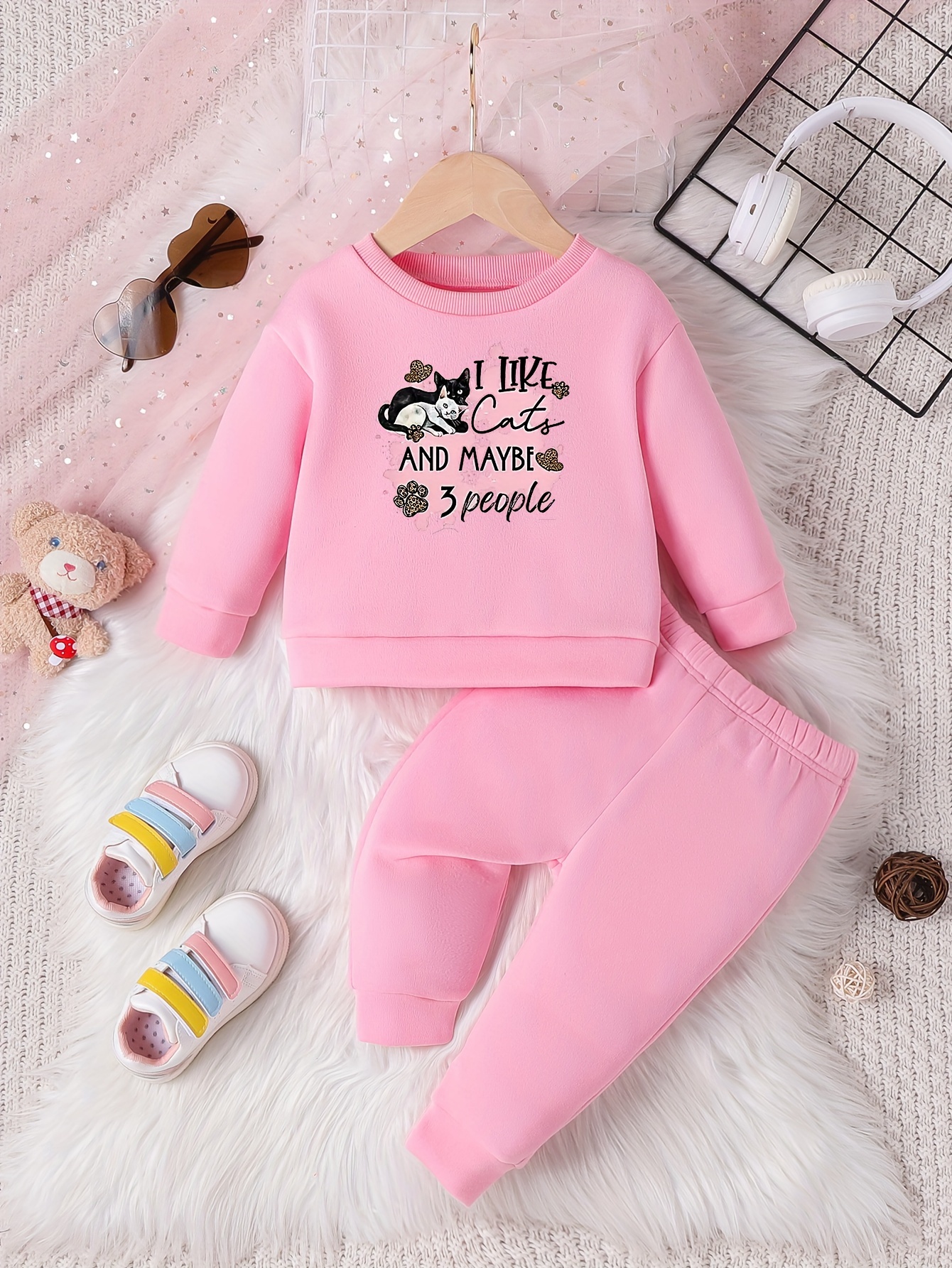 Baby Girls Cartoon Black White Cats Letter Print Crew Neck - Temu New