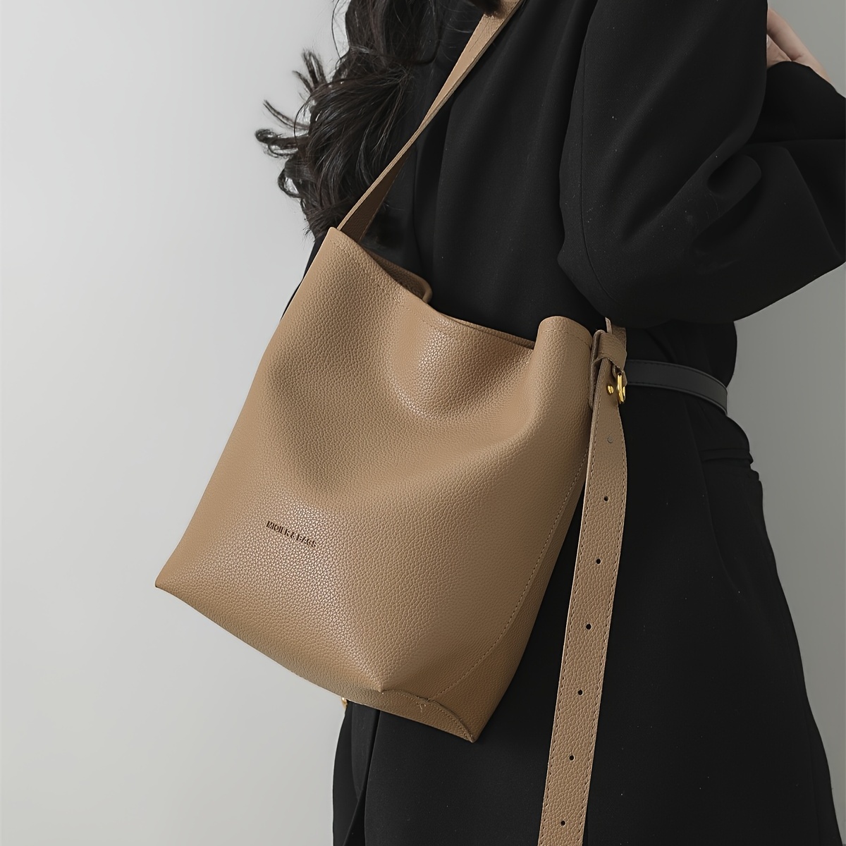 Litchi Embossed Hobo Bag Black Adjustable Strap For Daily