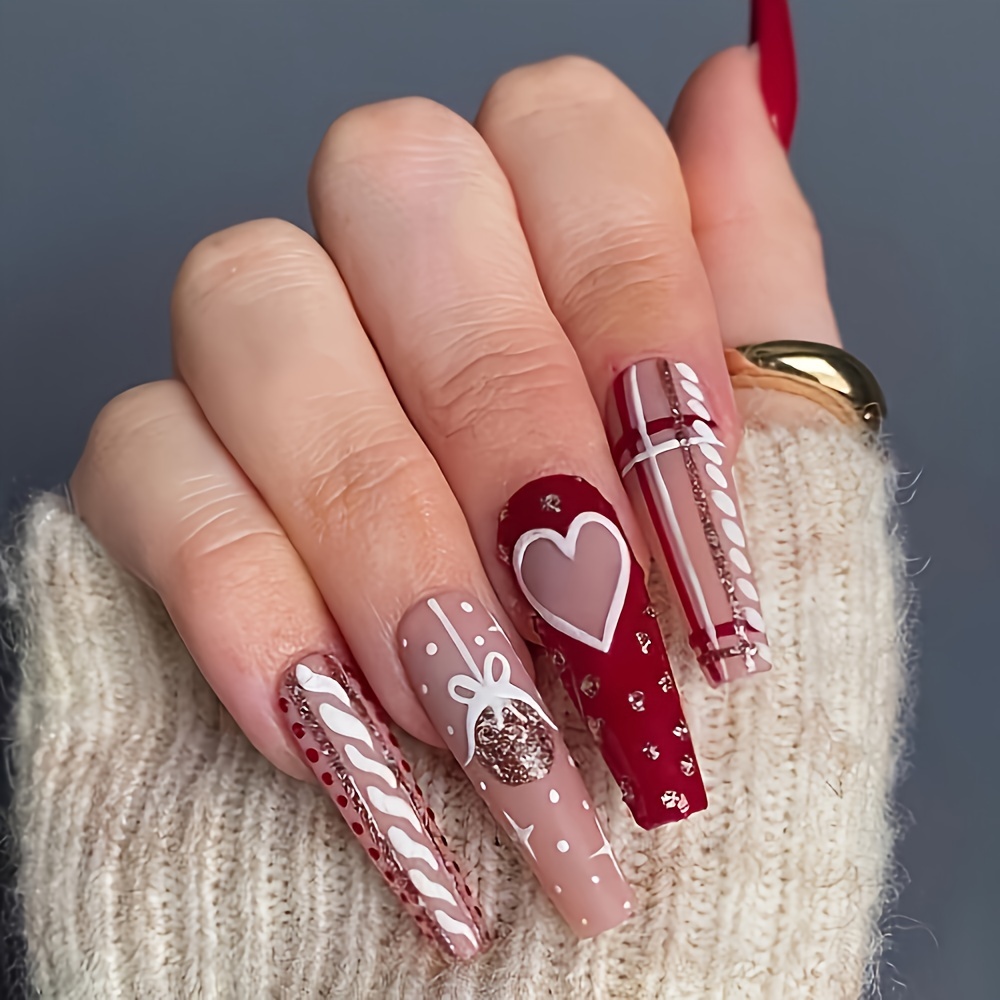 Xmas Elk Pink Long Coffin Press On Nails with Rhinestones