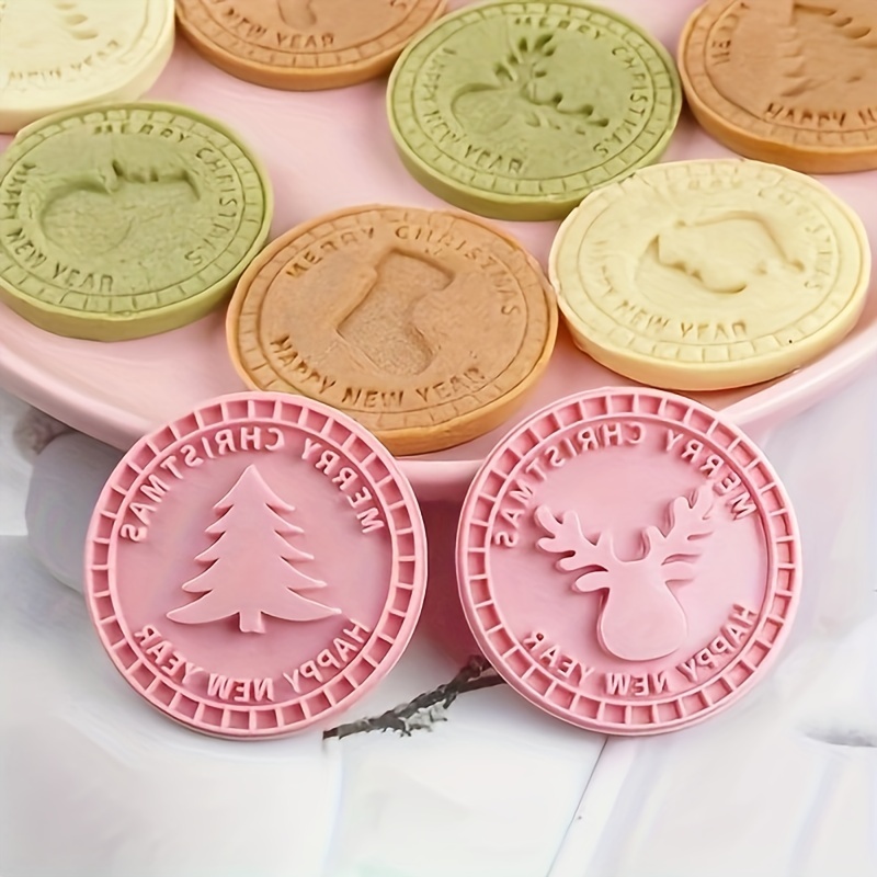 

9pcs Christmas Biscuit Cutters Cookie Stamps Plunger Cutter Fondant Molds Embossing Spring Mold Printed Presses Mooncake Cupcake Gum Paste Sugar Craft Decorating Baking Tool, Kitchen Gadgets