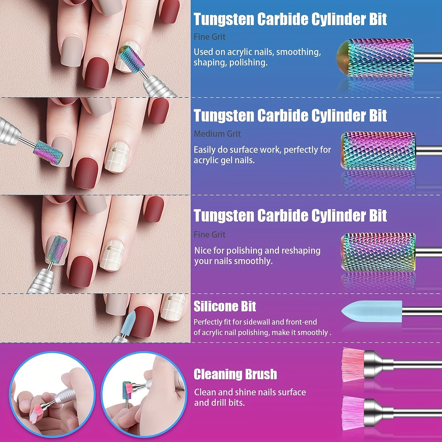 Nagelbohrer-Set 12-teilig – 6 Wolframkarbid-Bohrer + 6 Bürsten, 3/32 Zoll, Für Nagelfeilen