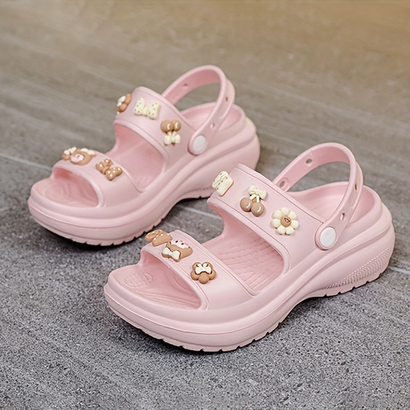 Girls Cute Cartoon Open Toe Slip On Platform Clogs With Charms