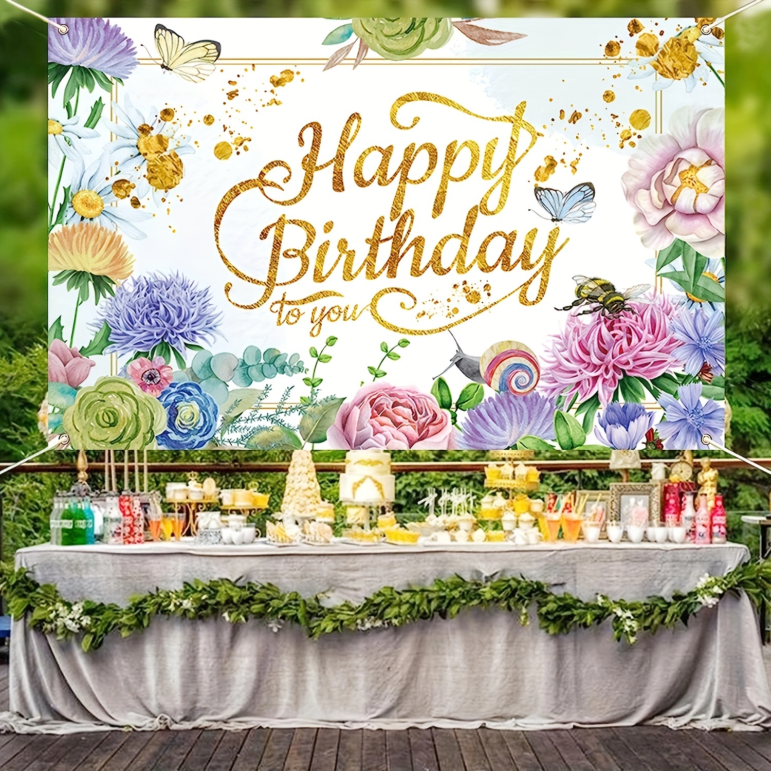 Joyeux anniversaire Toile de fond Herbe verte Décors d’anniversaire Pour la  fleur de fête Joyeux anniversaire Photographie Toile de fond pour