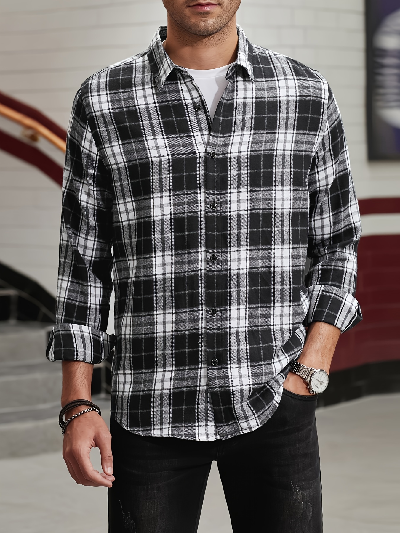 Men's Casual Long Sleeve Plaid Lapel Shirt