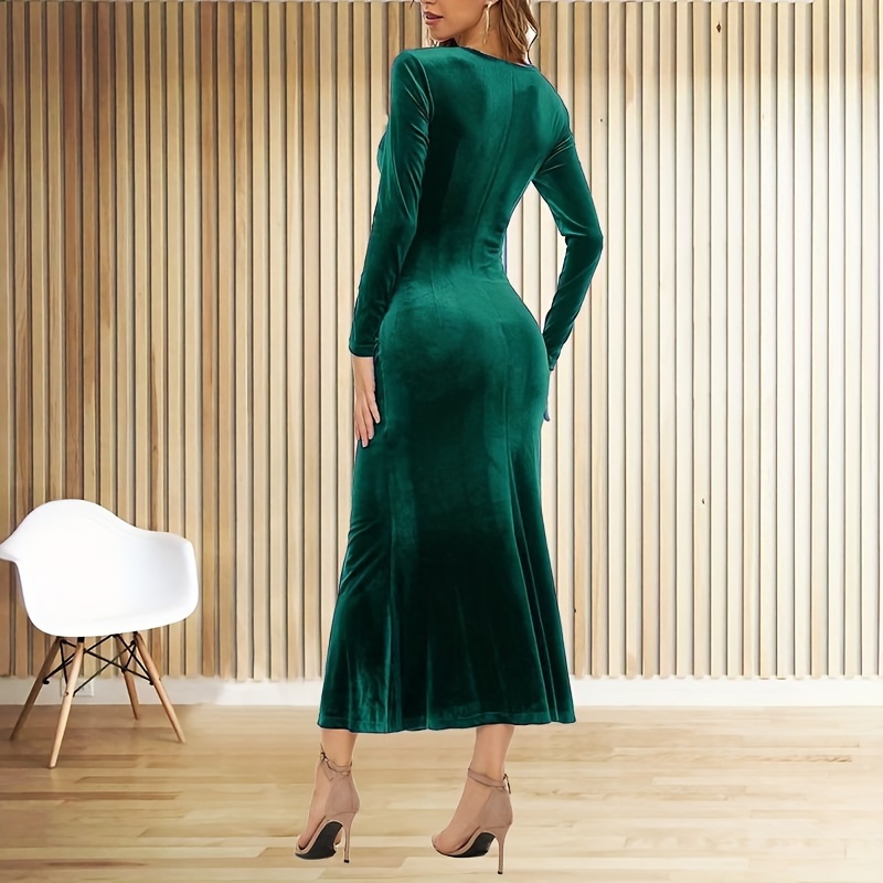 Solid Bodycon Midi Dress Elegant V Neck Long Sleeve Dress - Temu