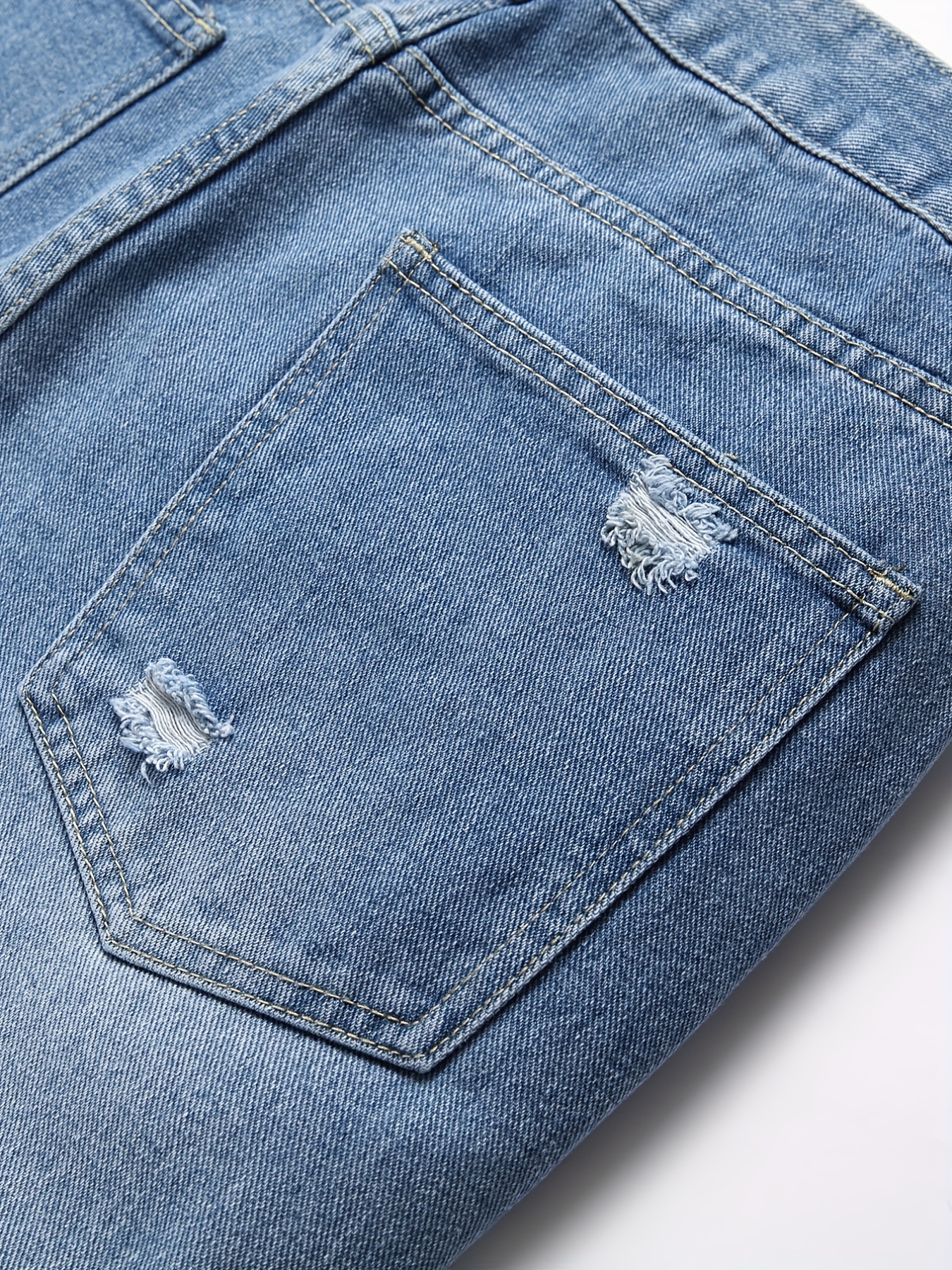 Men's Distressed Denim Pants Straight Leg Ripped Cotton Jeans