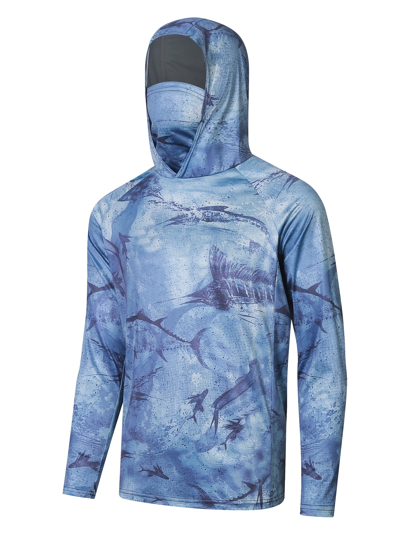 Men's UPF 50+ Sun Protection Hooded Shirt With Mask, Active Swordfish Print Quick Dry Slightly Stretch Long Sleeve Rash Guard For Fishing Hiking
