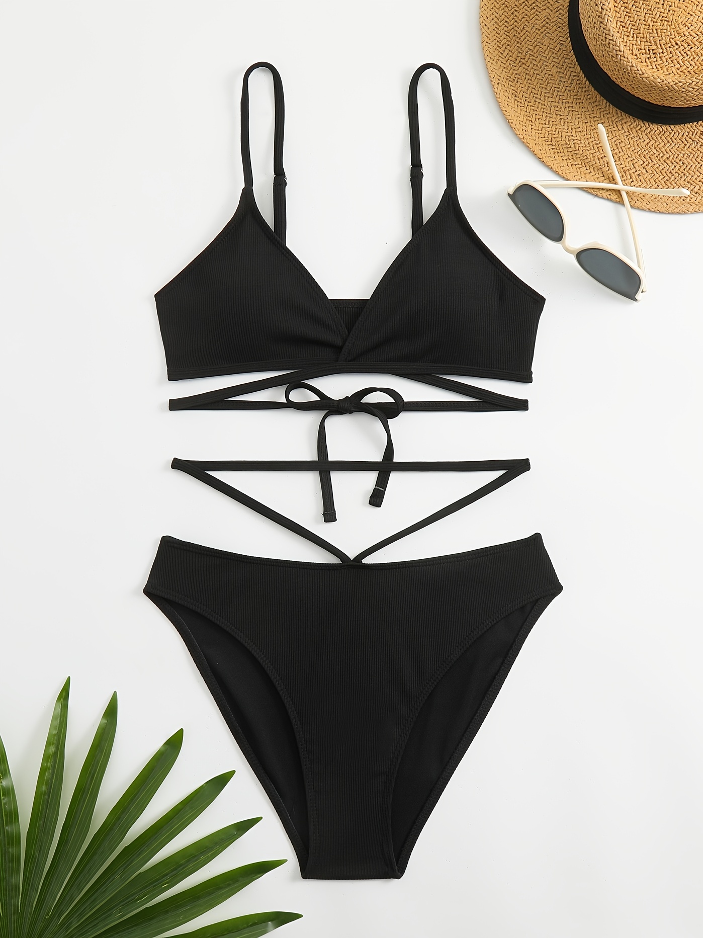 Black Rib Knit Bikini Sets Triangle Spaghetti Straps - Temu