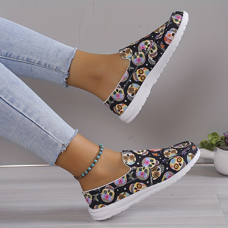 Colorful Skull Pattern Canvas Slip On Loafers Halloween Shoes
