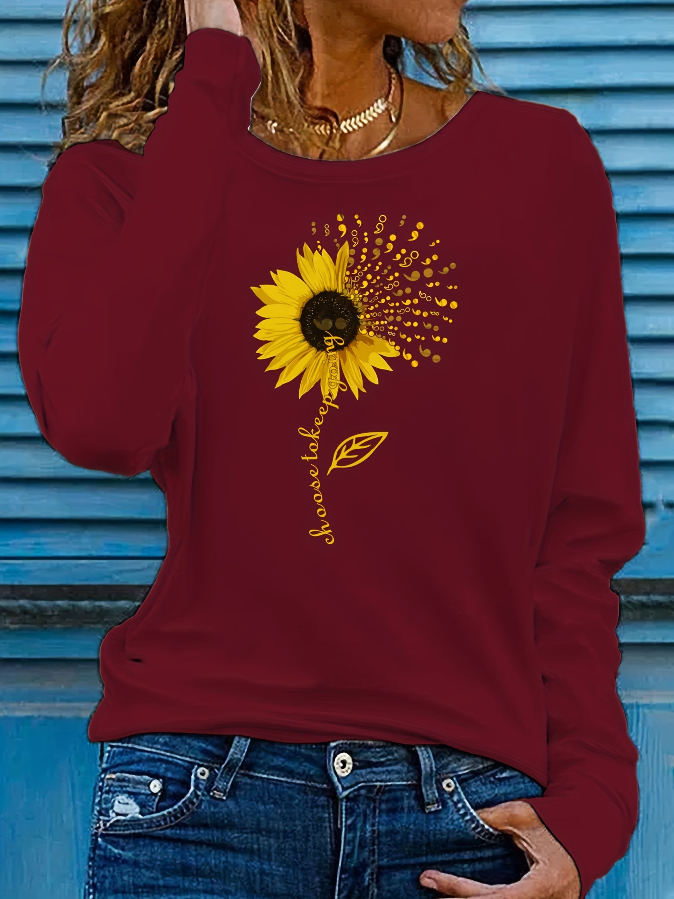  Women Long Sleeve Tshirt Womens Casual Sunflower