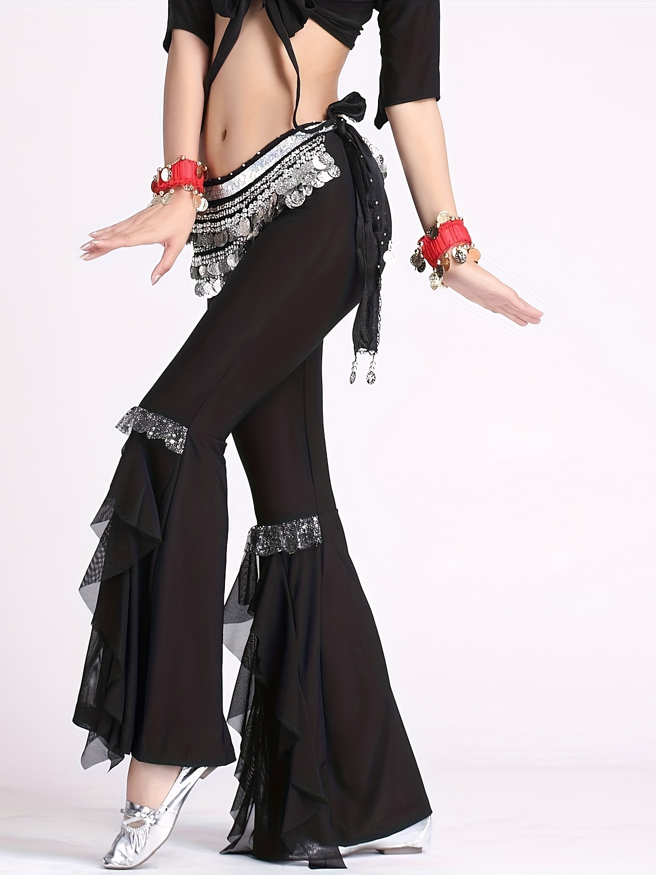 Foulard de hanche de danse orientale noir avec pièces d'or / ceinture