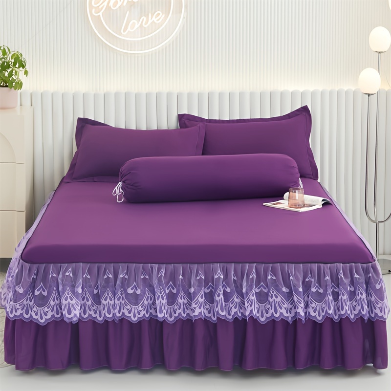 elegant 3pcs bed skirt set with double layer lace   1 bed skirt 2 pillowcases solid color non slip     machine washable details 0