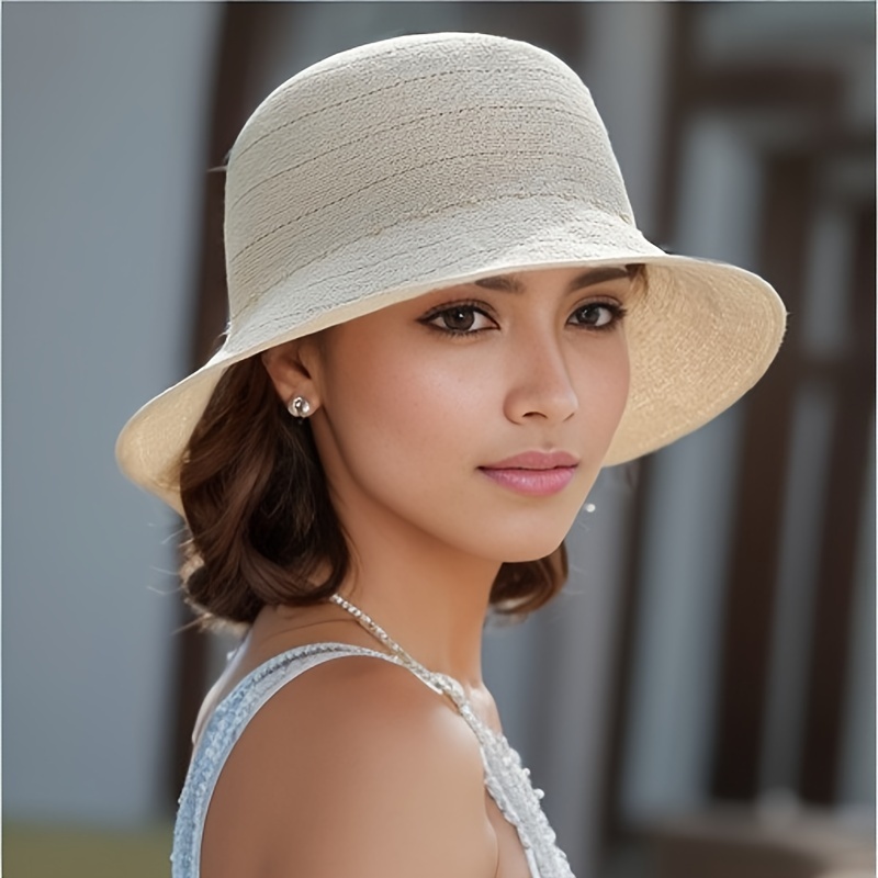 Elegant Straw Bucket Hat Solid Color Breathable Summer Basin