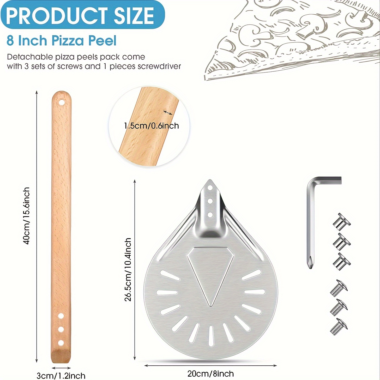 1pc pizza peel turner turning pizza peel round aluminum perforated pizza peel turner oval shape detachable wooden handle pizza paddle for baking homemade pizza bread