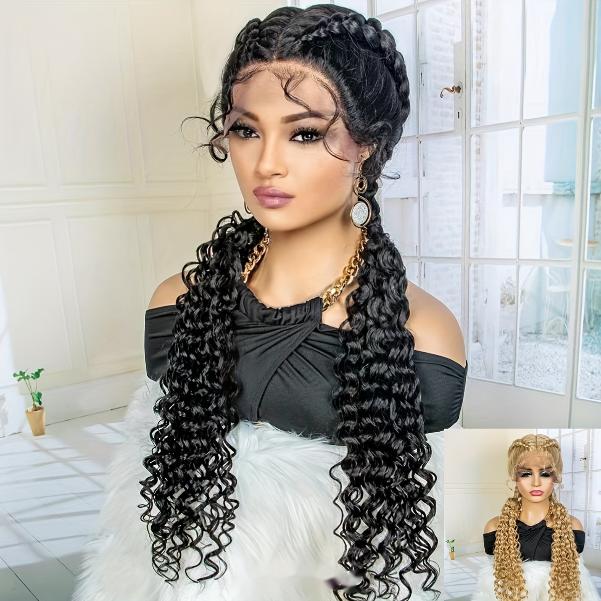 Green Braided Wig Synthetic Lace Front Wig for Women Long Black Omber Green  Micro Braided Wig Heat Resistant Fiber Afro Braids 26 Inch