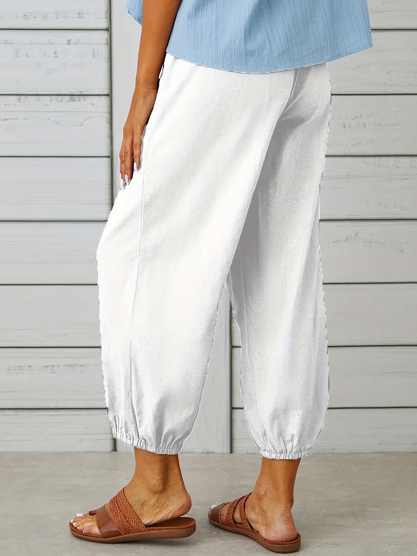 Solid Cropped Pants Casual Drawstring Elastic High Waist - Temu