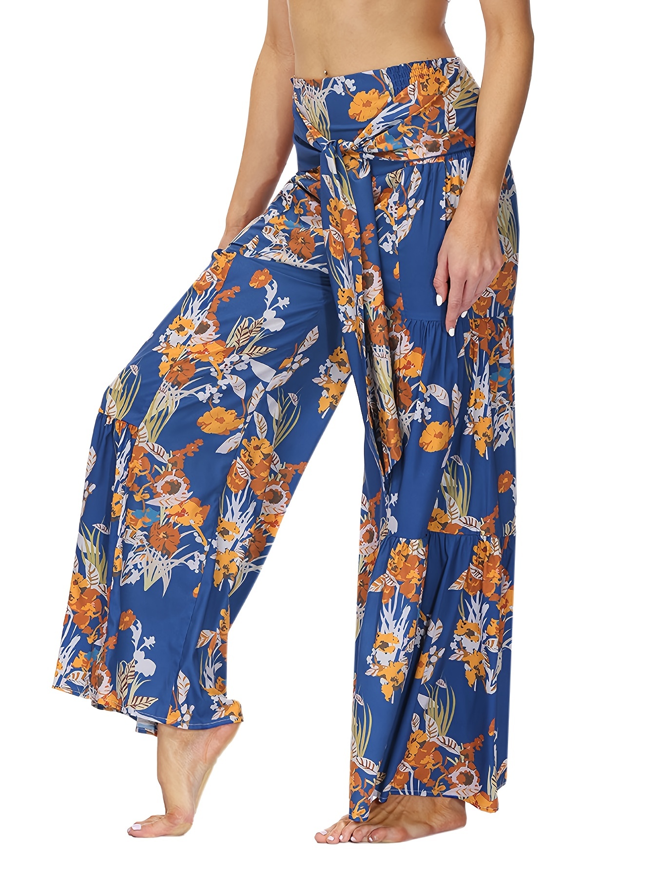 Random Floral Print Wide Leg Pants, Casual Loose Tie Waist Pants For Spring  & Summer, Women's Clothing