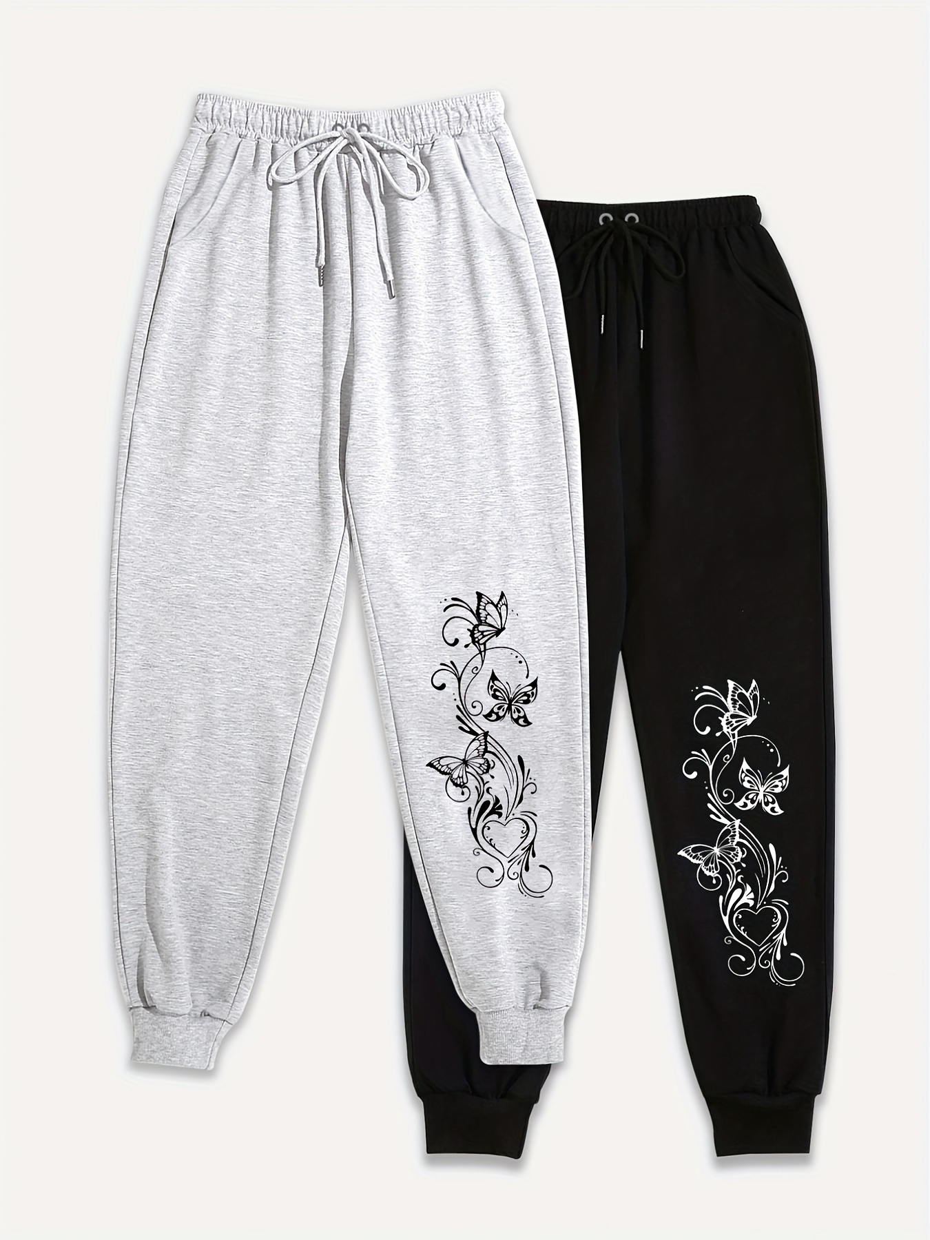 Butterfly Print Sweatpants 2 Pack, Drawstring Waist Comfy Casual Jogger  Pants, Women's Clothing