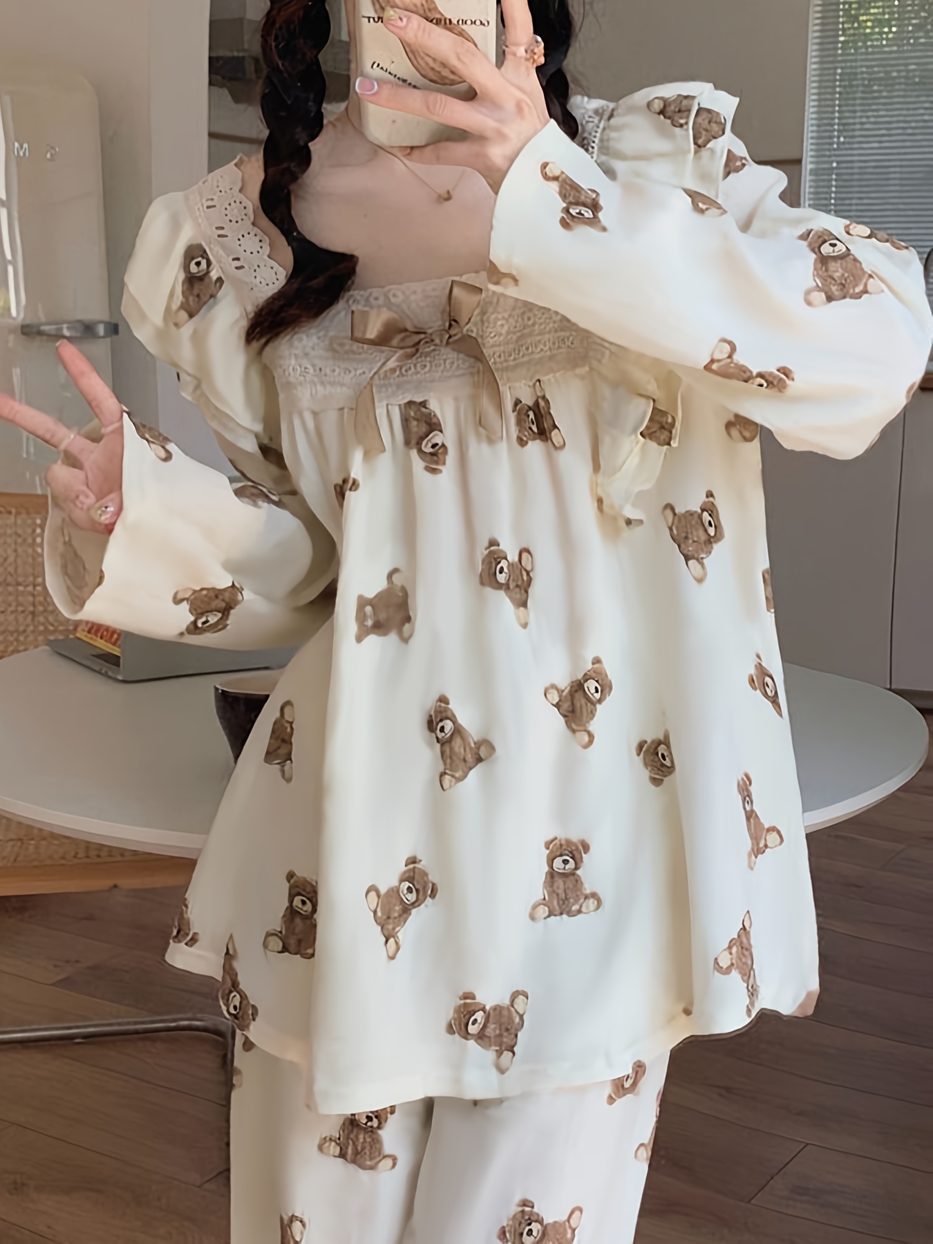 Teddy Bear Print Pajama Set Cute Long Sleeve Square Neck Top Temu