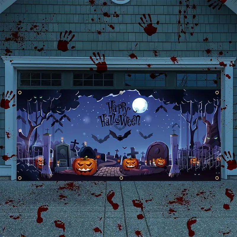 1pcs happy halloween garage banner 157in 71in 400cm 180cm scary graveyard pumpkin pattern garage door decoration polyester with holes with rope hanging cloth mural door decoration for indoor outdoor yard holiday party backdrop arrangement details 2