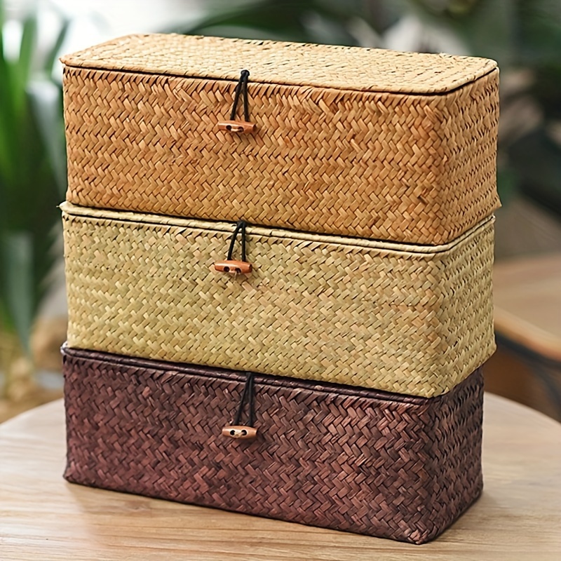 1pc 3 Grid Handwoven Straw Storage Basket, Rattan Divider Storage Box,  Sundries Organizer Baskets With Lid Jewelry Storag Case, Home Decor,  Christmas