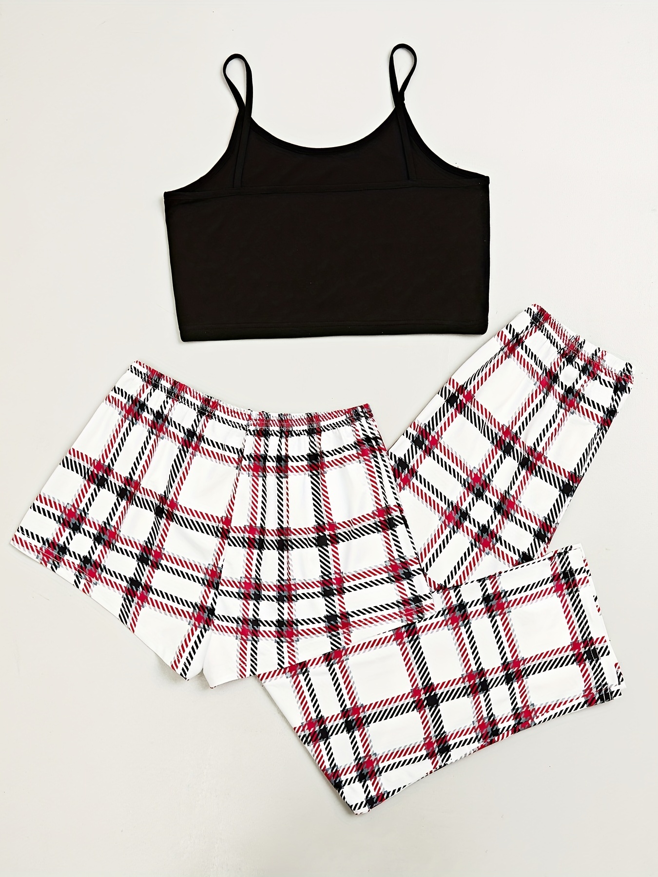 Casual Plaid Pajama Set Solid Cami Crop Top Lace Bow Pants - Temu