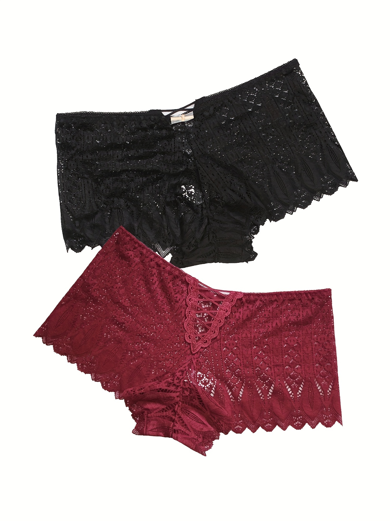2pcs Floral Lace Boyshort Panties, Cross Hollow Out Scallop Trim Panties,  Women's Lingerie & Underwear