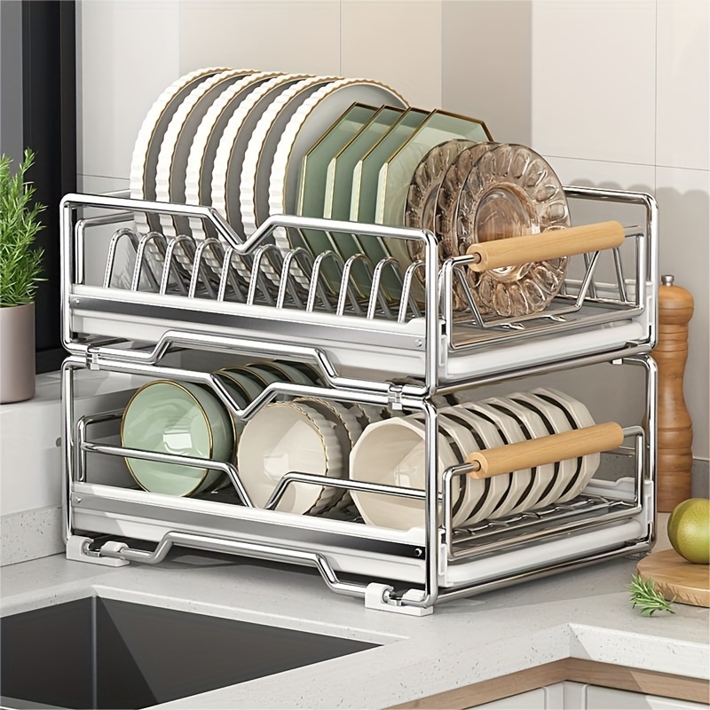 Dual-Track Pull Out Cabinet Organizer Dish Drying Shelf Slide Out Pantry  Drawer 