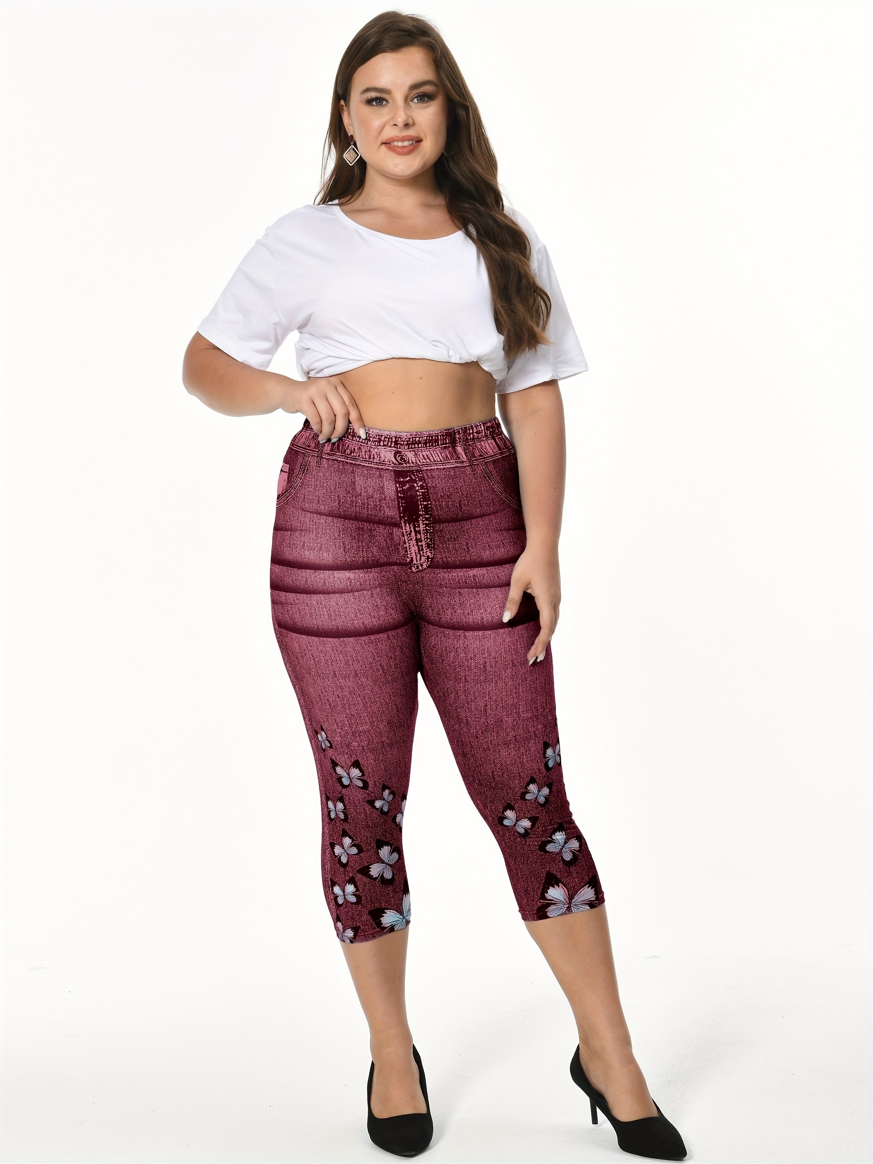 Plus Size 3D Jeans Butterfly Flower Printed Capri Leggings [60