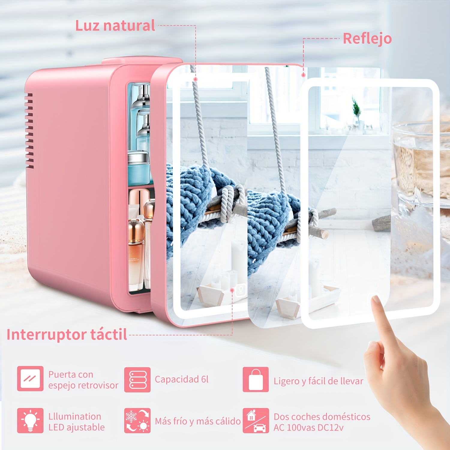 Mini Nevera De Belleza Refrigerador De Maquillaje Cosmético Profesional  Portátil con Espejo para El Cuidado De La Piel (13L Rosa)