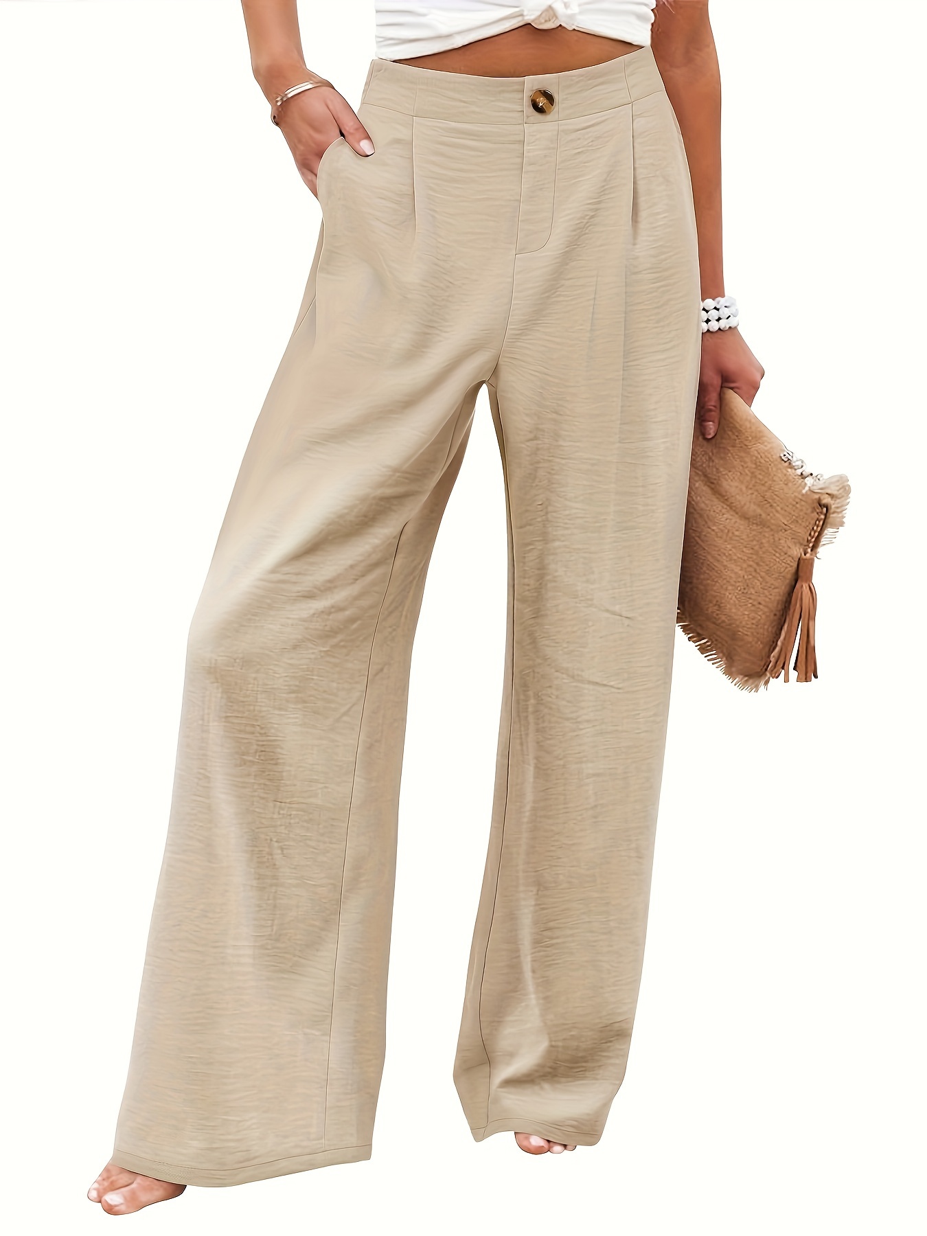 Slant Pockets Wide Leg Pants, Casual Loose Solid Button Front Pants For  Spring & Fall, Women's Clothing