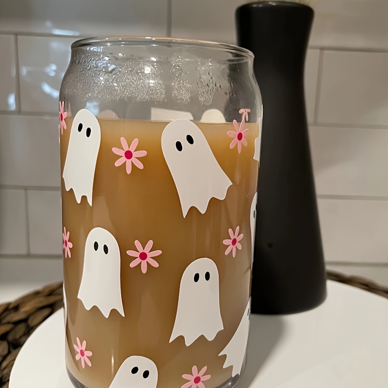 Ghost Drinking Glass With Lid And Straw High - Temu