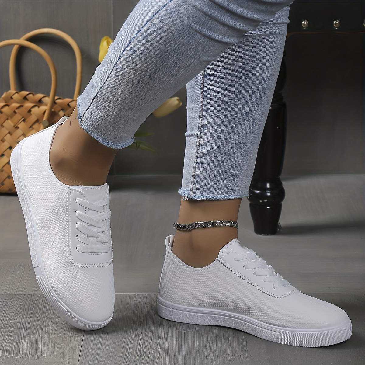 Zapatillas De Skate De Plataforma Blanca Para Mujer, Zapatillas Casuales De  Cordones Para Exteriores, Zapatos De Lona De Bajo Perfil