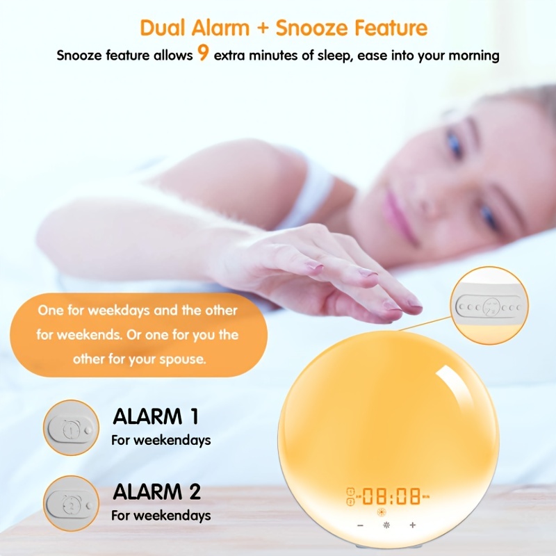  Sunrise Alarm Clock Wake Up Light for Kids, Adults, Heavy  Sleepers with Dual Alarms, Snooze, Sleep Aid with 7 Nature Sounds for  Bedrooms with 8 Colors Night light, FM Radio, Gift