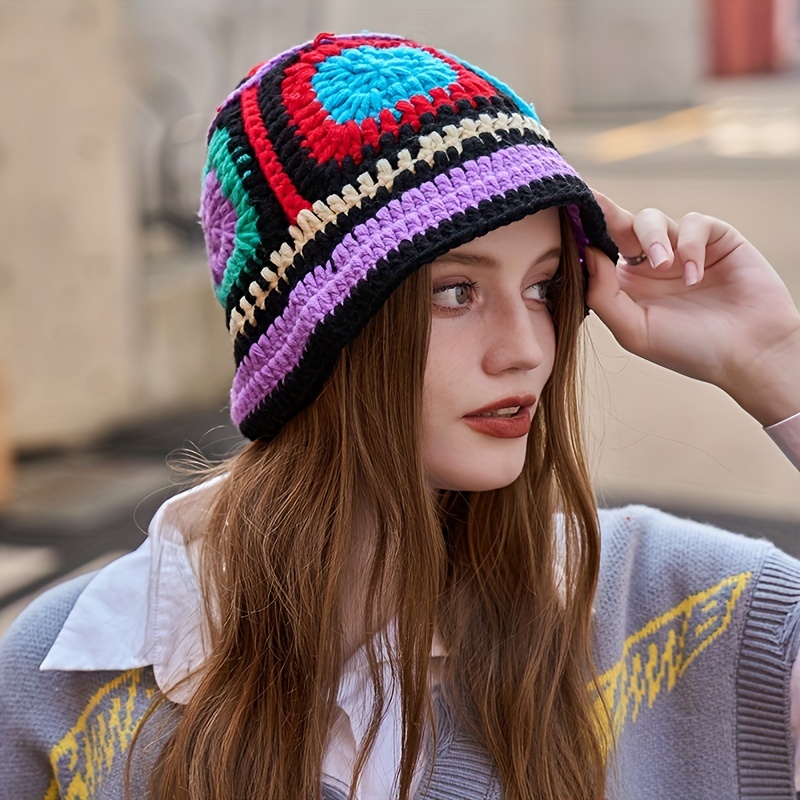 Vintage Color Block Bucket Hat Boho Striped Geometric Crochet Cloche Hats  Lightweight Fisherman Cap For Women