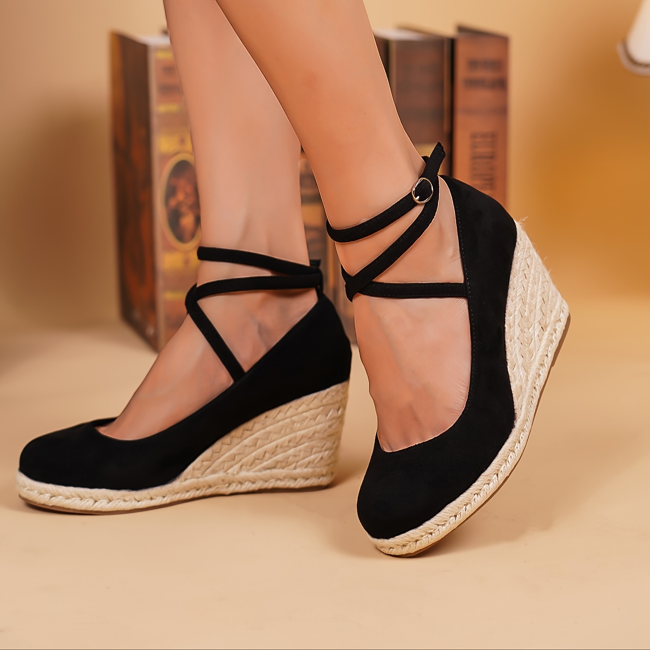 

Women's Solid Color Platform Sandals, Cross Straps Ankle Buckle Summer Beach Shoes, Espadrilles Wedge Non-slip Shoes
