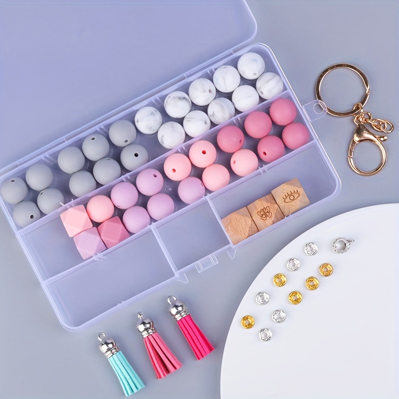 Diy Silicone Beaded Keychain Making Kit Round Candy Color - Temu