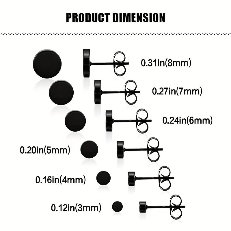6pair Men's 3mm & 8mm Silvery Round Stud Earrings Set
