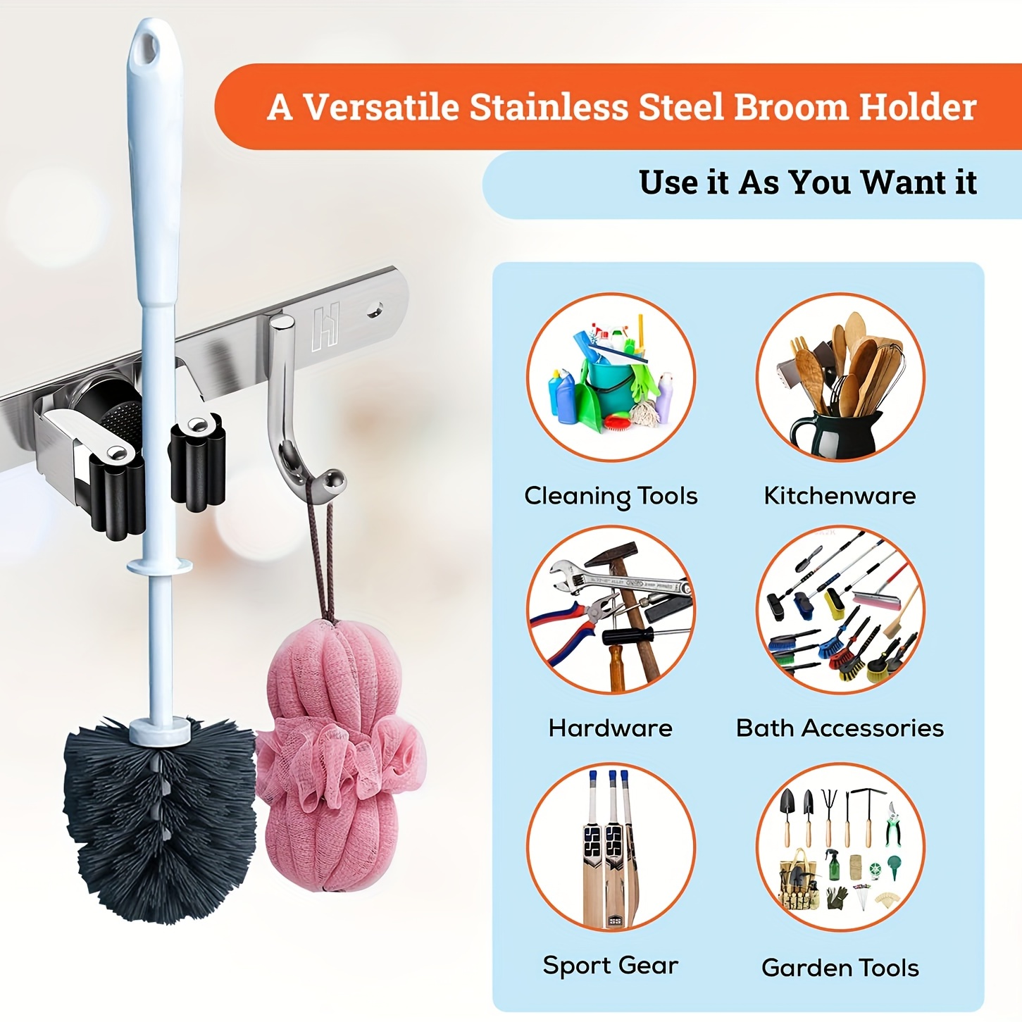 AceMining 5 Racks and 4 Hooks Mop and Broom Holder Wall Mount, Broom  Organizer Storage Tool Racks Stainless Steel Heavy Duty Hooks Self Adhesive  Solid Non-slip for Home Kitchen Garden Laundry