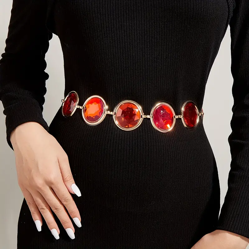 Wine Red Crystal Chain Belt Trend Rhinestone Inlaid Elegant Women Girdle Dress Waistband, Christmas Styling & Gift,Temu