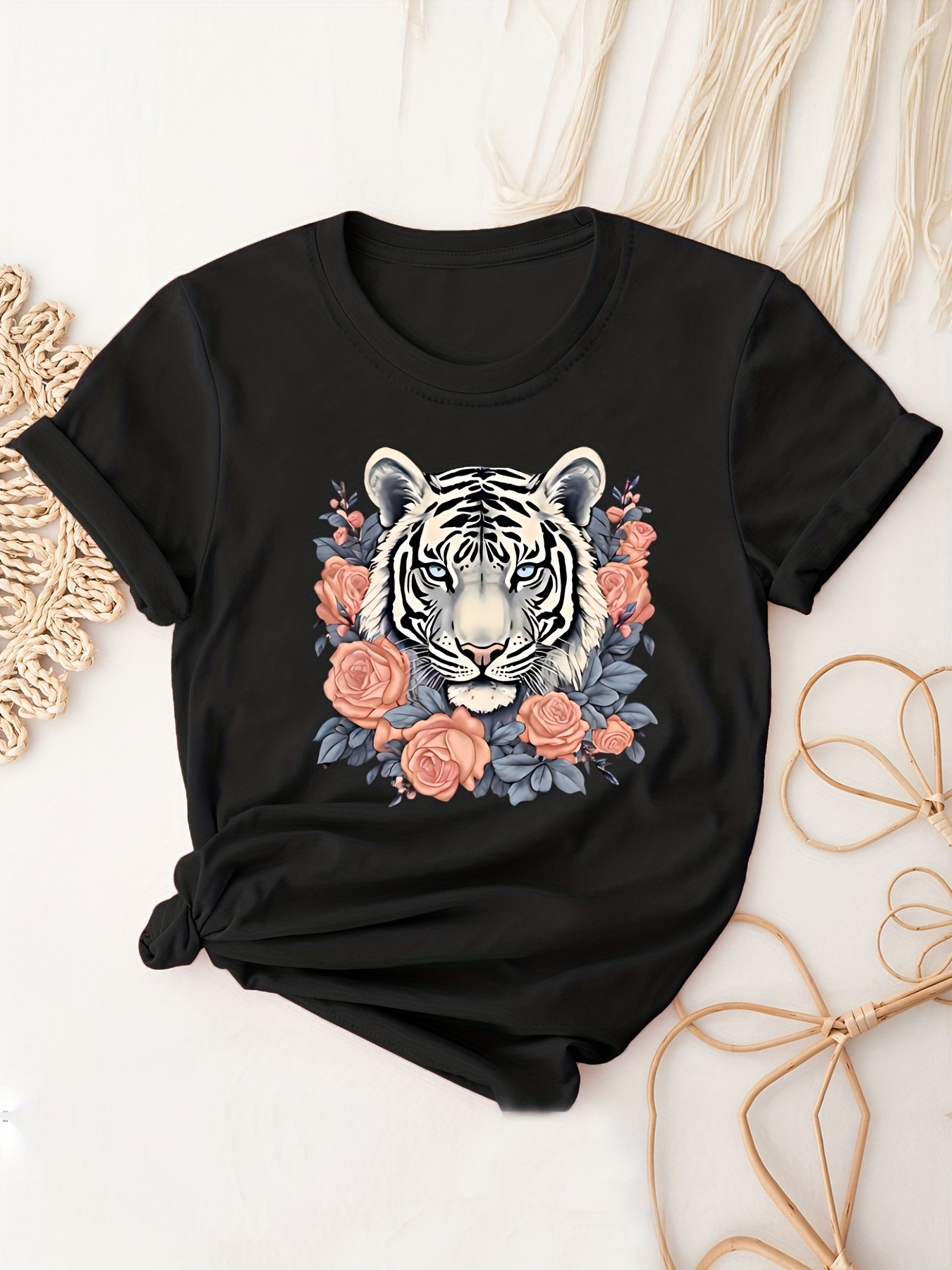 Tiger & Flower Print T-shirt, Casual Crew Neck Short Sleeve T