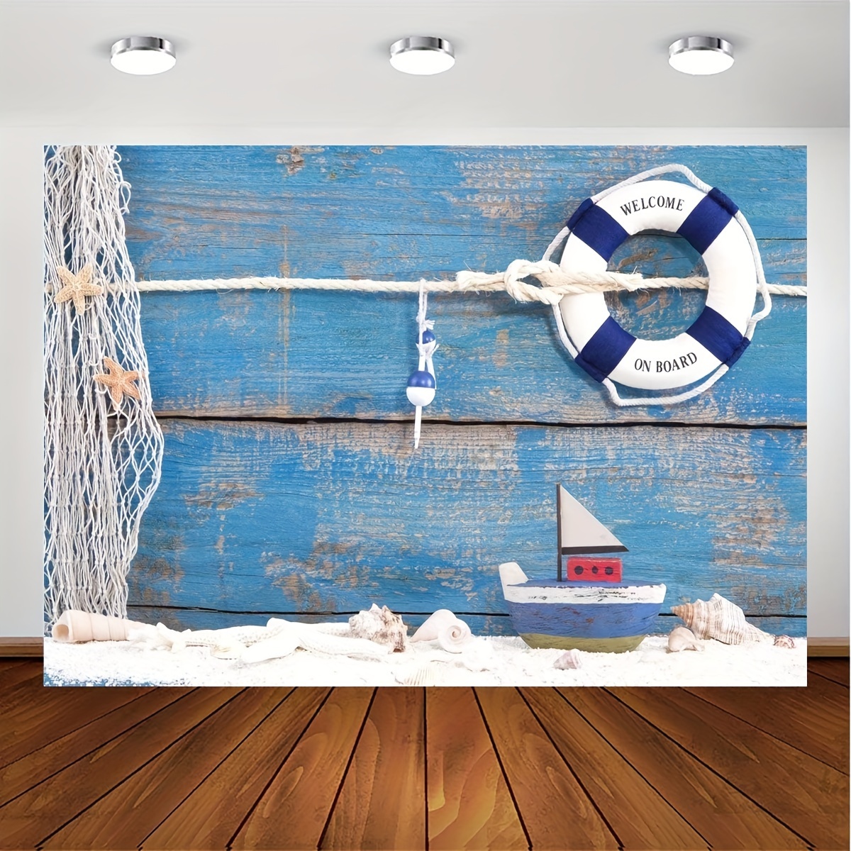 Buoy Tote Bag, Welcome On Board Message On Lifebuoy with Fishing Net Seashell Wood Floor of Boat, Cloth Linen Reusable Bag for Shopping Books Beach