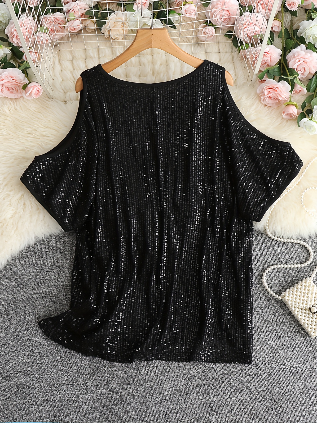 Women's Elegant Sequin-Embellished Off-Shoulder T-Shirt Round Neck Short  Sleeve Summer Top, Machine Washable Solid Black Blouse for Parties